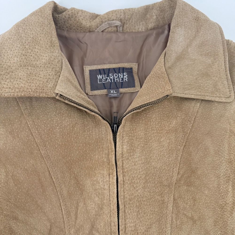 Wilsons Leather Tan Suede Perforated Zip Front Jacket Womens XL Vintage Style